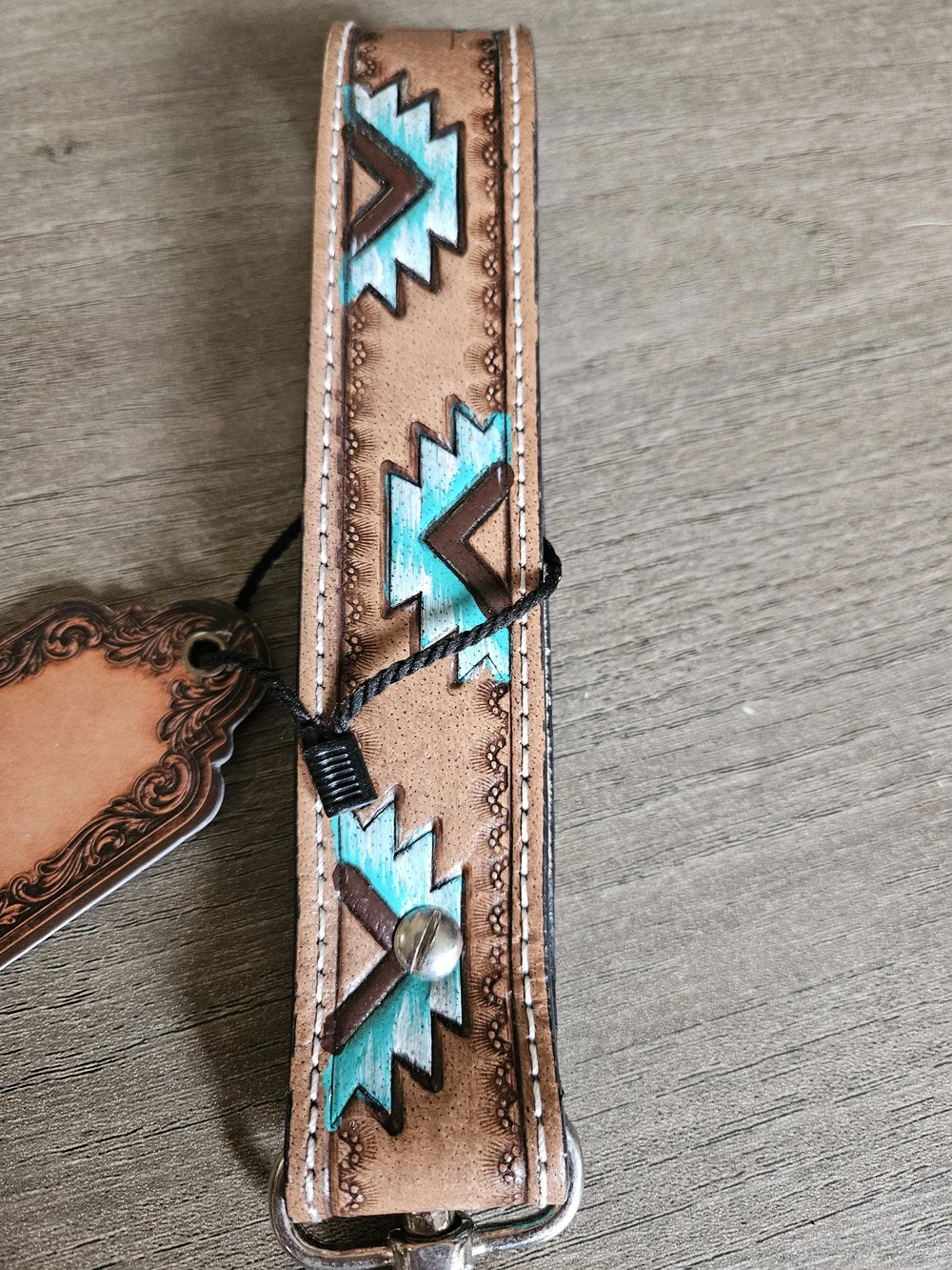 Handcrafted Brown Leather Keychain Wrist Strap with Turquoise Accents-NWT